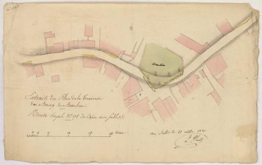 Extrait du plan de la traverse du bourg (route royale n° 178 de Caen aux Sables) avec l'indication du terrain du nouveau cimetière / Signé par : Louis Plantier, ingénieur.
